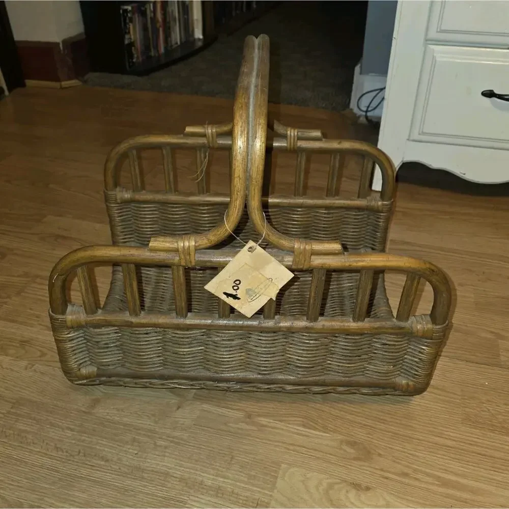 Vtg 1960s Rattan Wicker Bamboo Magazine Stand Rack Towel Holder Edgewater Lodge